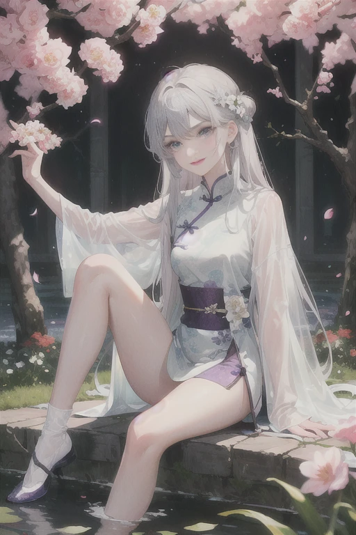 masterpiece, Excellent, daytime, outdoor, Falling Flowers, Branches, China人, China, 1 girl, Perfect Woman, Woman with long silver hair, Gray blue eyes, Light pink lips, Serious, ,Purple Eyes, White clothes, , Delicate face, Delicate face, Sitting Legs, Smile