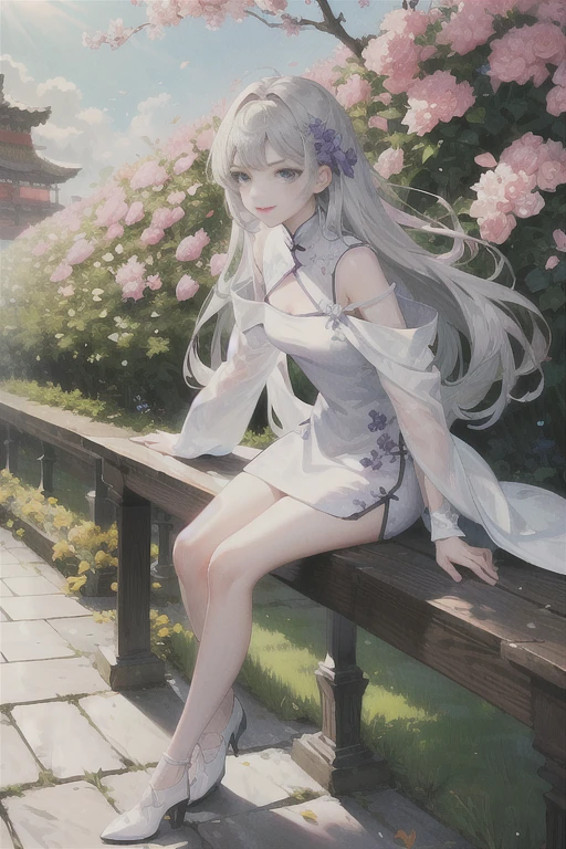 masterpiece, Excellent, daytime, outdoor, Falling Flowers, Branches, China人, China, 1 girl, Perfect Woman, Woman with long silver hair, Gray blue eyes, Light pink lips, Serious, ,Purple Eyes, White clothes, , Delicate face, Delicate face, Sitting Legs, Smile