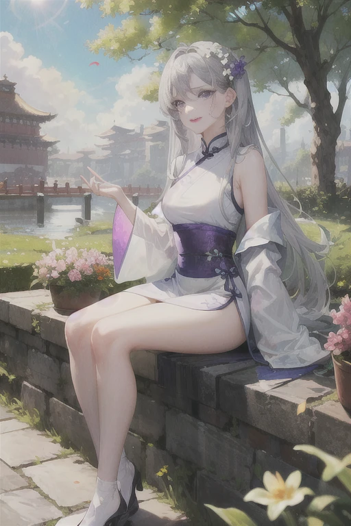 masterpiece, Excellent, daytime, outdoor, Falling Flowers, Branches, China人, China, 1 girl, Perfect Woman, Woman with long silver hair, Gray blue eyes, Light pink lips, Serious, ,Purple Eyes, White clothes, , Delicate face, Delicate face, Sitting Legs, Smile