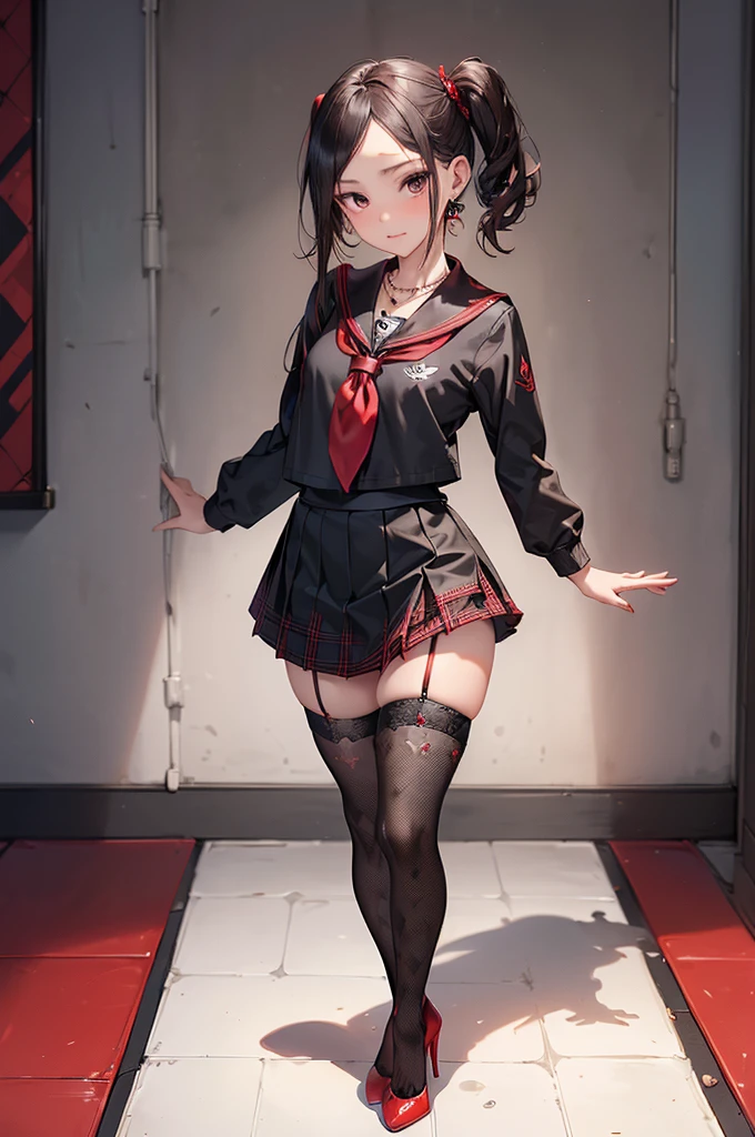 nsfw,((Biologically correct limb count)),(( From head to toe,Full-body photo including face)),4K,((Standing position)),masterpiece,((Focus on the face)),((Symmetrical facial features)),Eyes with detailed description,Beautiful woman,Great style,Beautiful arms,Beautiful legs,Beautiful Hands,(Small Ass,Thin thighs),Facial detailing,Small earrings,necklace,(Red and black enamel sailor suit,Checked mini skirt((Black high heels,Black patterned stockings))),((Taking a class in a school classroom)),,Realistic photo,Stand at an angle