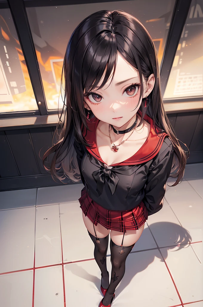 nsfw,((Biologically correct limb count)),(( From head to toe,Full-body photo including face)),4K,((Standing position)),masterpiece,((Focus on the face)),((Symmetrical facial features)),Eyes with detailed description,Beautiful woman,Great style,Beautiful arms,Beautiful legs,Beautiful Hands,(Small Ass,Thin thighs),Facial detailing,Small earrings,necklace,(Red and black enamel sailor suit,Checked mini skirt((Black high heels,Black patterned stockings))),((Taking a class in a school classroom)),,Realistic photo,Stand at an angle