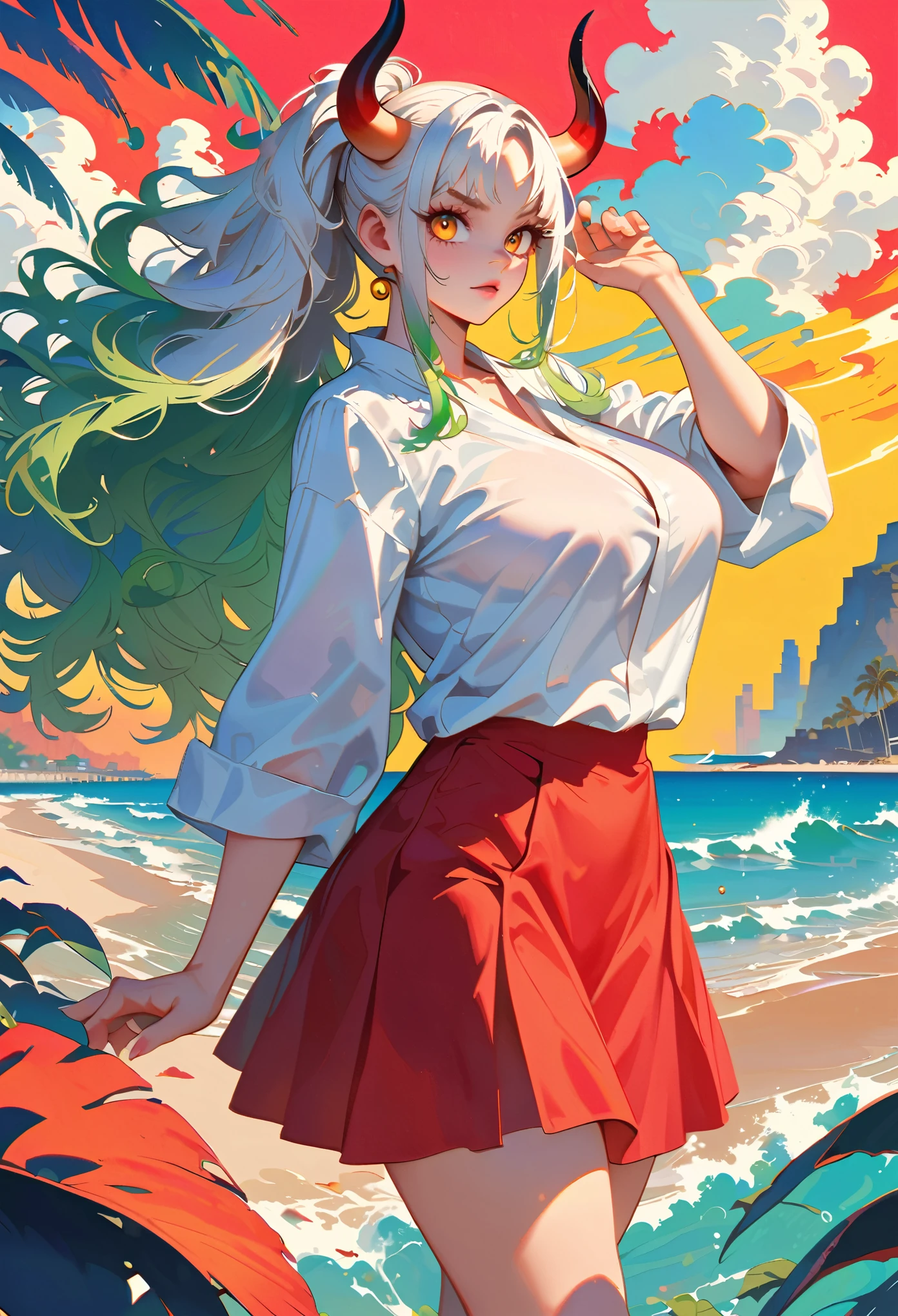 Style 9,1 woman,beach illustration, yamato one piece, white hair, pony tail, green hair at tip, horns, yellow eyes, detailed eyes, white clothes, red skirt, big breasts, illustration,beautiful background,whole body,mature body, culvage, Beautiful photography pose,profile,view at viewer, high detailed wallpaper, high quality, masterpiece