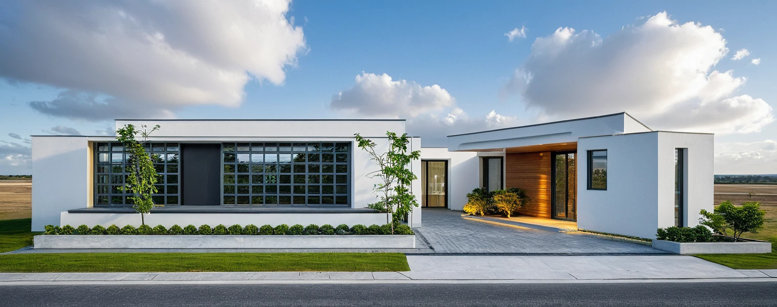 The modern gate features a sleek and minimalist design, sky, cloud, (daylight:1.1)