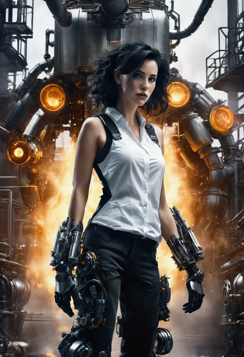 A beautiful woman, black messy hair, in a white sleevless shirt, including intricate detaile of colossal robotic arms, with large mechanical hands, is in an industrial environment on fire. she wears a dark gray padded vest, a futuristic breathing mask. dynamic pose, The setting is an industrial facility with pipes and machinery in the background on fire.