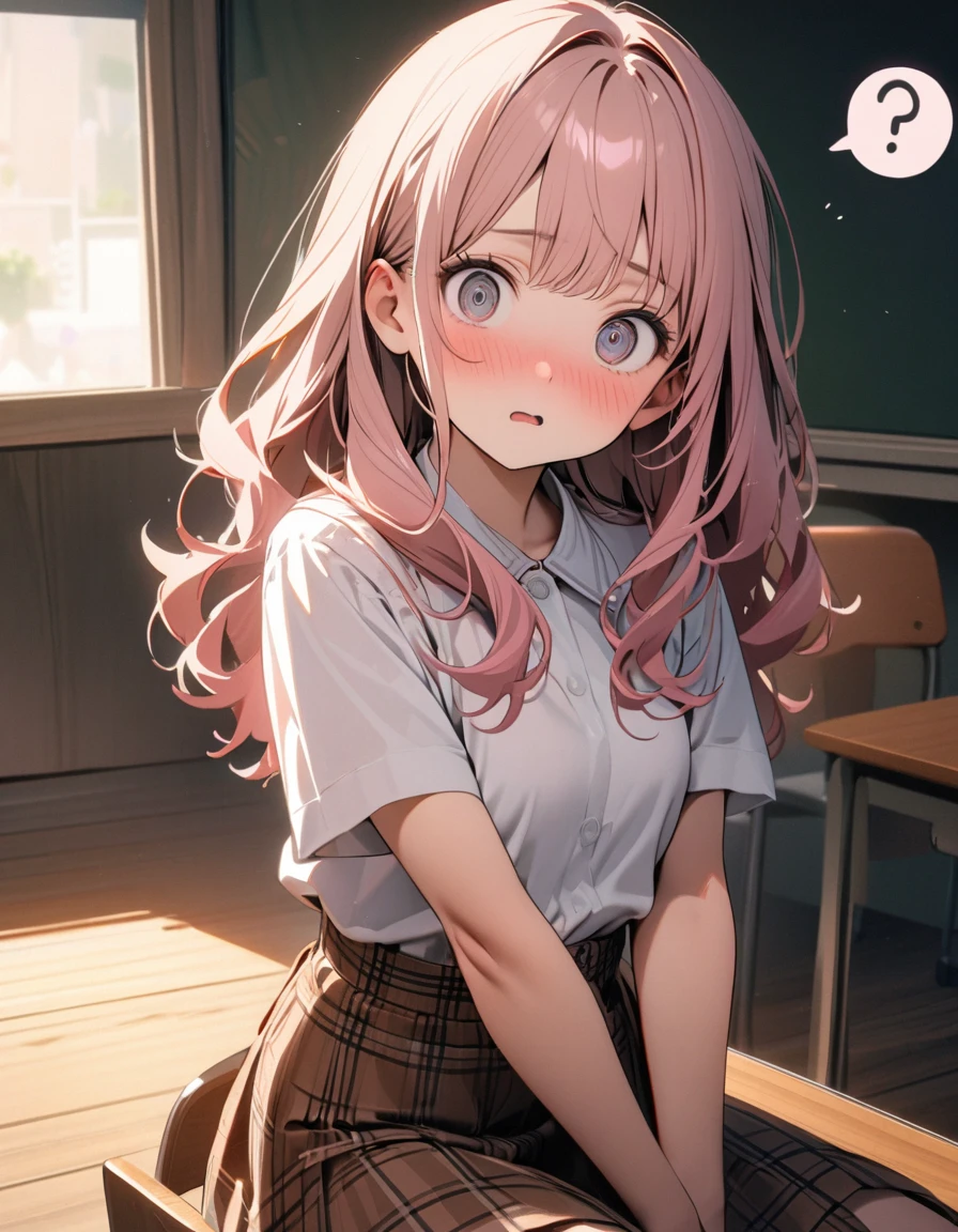 (8K, best quality, master piece: 1.2),super high resolution,1 cute girl,solo,yo,ultra-detailed face,detailed eyes,gradient eyes,upturned eyes,Sitting in a chair,((head tilt)),(fold-arms,spoken question mark),wavy hair,Long hair,Smoky pink hair,short sleeve white Blouse shirt,Brown skirt in plaid skirt,bow,shocked,nose blush,Dカップです,There is a study desk in front of the girl,rim light,blackboard in front,indoors coaching school