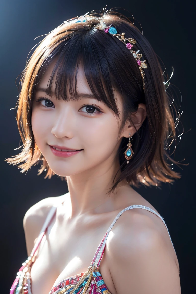 1 girl,(wearing colorful stage costume:1.2),very beautiful japanese idol portrait,close up of face,(RAW photo,best quality),(real,realistic:1.4),(masterpiece),very delicate and beautiful,very detailed,2k wallpaper,amazing,finely detailed,highly detailed CG Unity 8K wallpaper,very detailed,high resolution,soft light,beautiful detailed girl,very detailed eyes and face,beautiful refined nose,finely beautiful eyes,cinema lighting,(simple light color background:1.3),(short hair),(bob),full anatomy,slender body,small breasts,smiling,,((ビーチバレー:1.3))