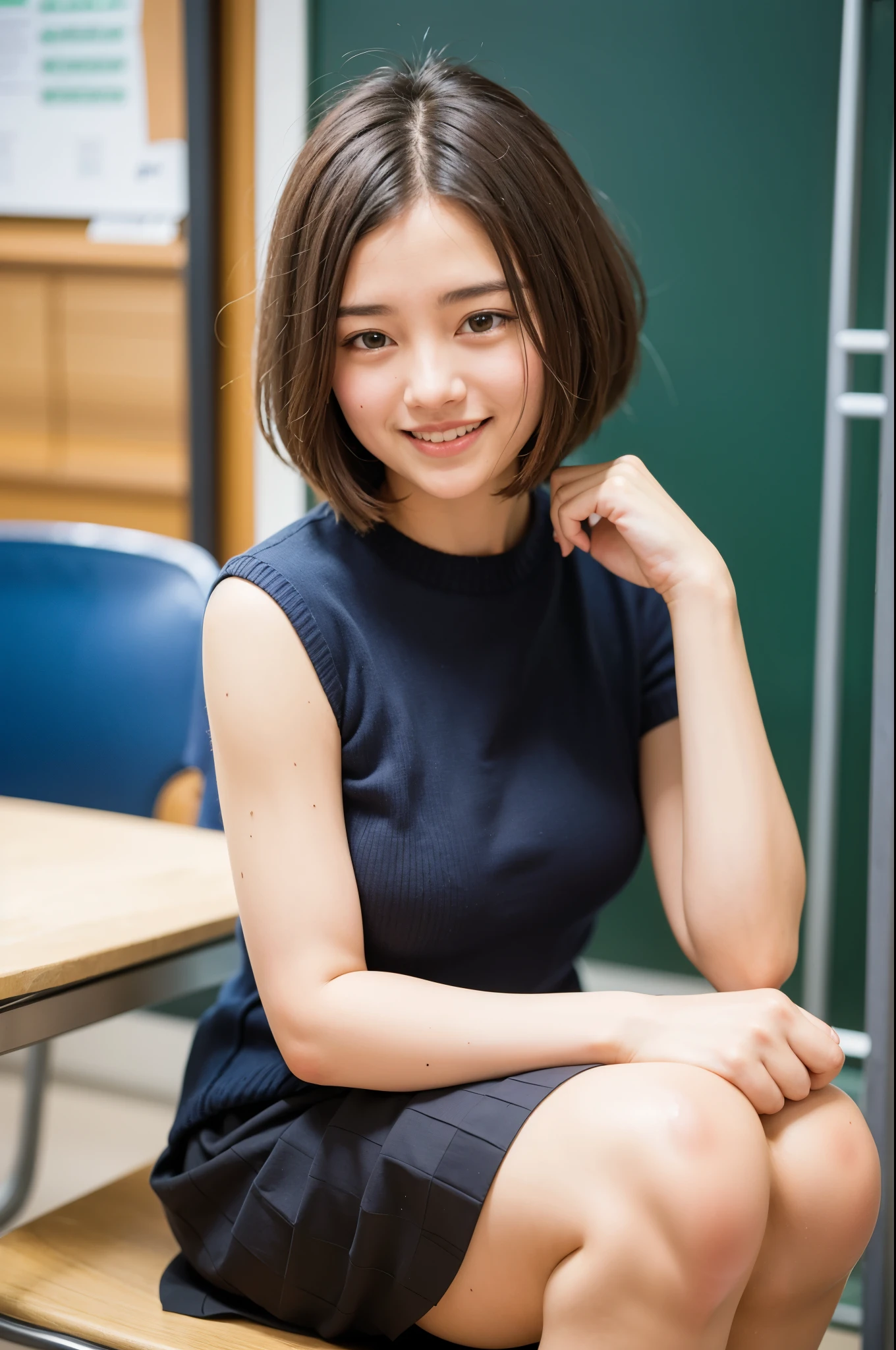 Top quality, 1 beautiful woman, super short Hair, gold hair, wearing skirt, shy-smile, Sunlight, at school