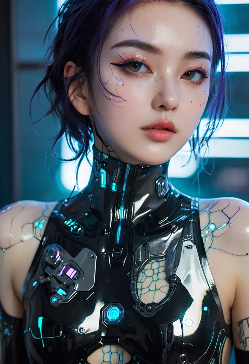 Extremely detailed photo of a woman, Lola Elizabeth, Cyberpunk, Futuristic, Cyberpunk bodysuit, 8K Ultra HD, Original Photography, Model photo, Delicate skin, Skin blemishes