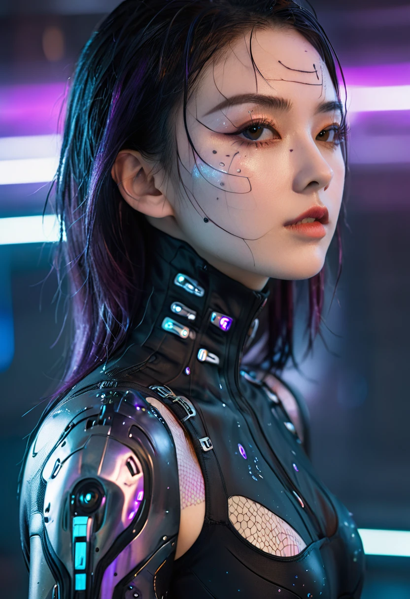 Extremely detailed photo of a woman, Lola Elizabeth, Cyberpunk, Futuristic, Cyberpunk bodysuit, 8K Ultra HD, Original Photography, Model photo, Delicate skin, Skin blemishes