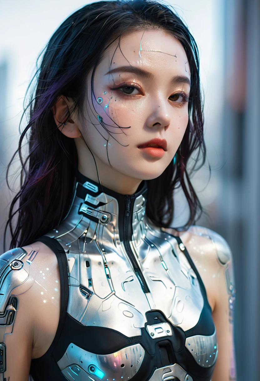 Extremely detailed photo of a woman, Lola Elizabeth, Cyberpunk, Futuristic, Cyberpunk bodysuit, 8K Ultra HD, Original Photography, Model photo, Delicate skin, Skin blemishes