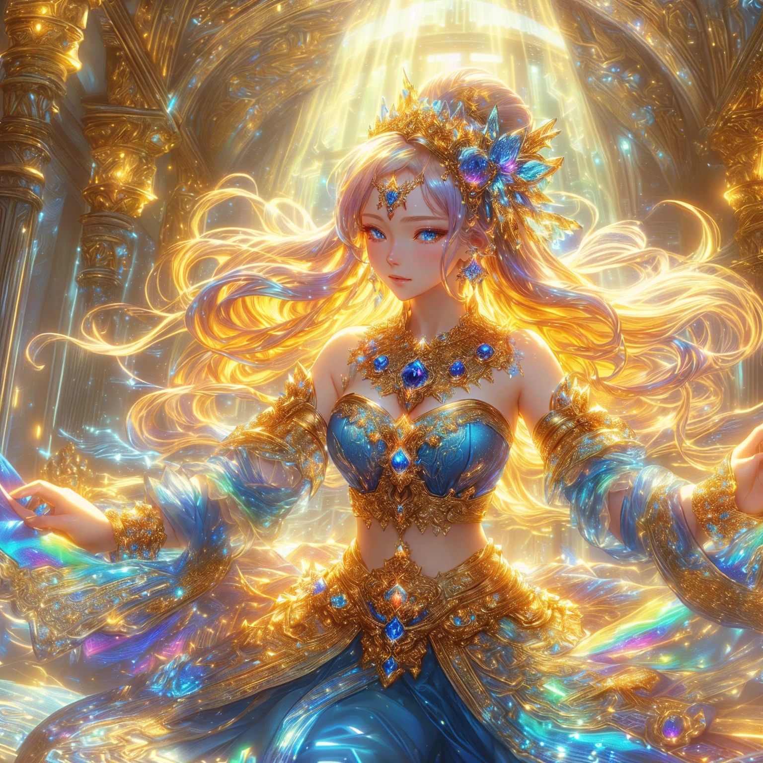 Close-up of a woman in a blue dress with lights shining behind her., extremely detailed Argerm, anime goddess, beautiful heavenly mage, High quality 8K detailed artwork., Argerm. anime illustration, Beautiful Fantasy Empress, beautiful devil girl, Fantasy anime artwork, beautiful goddess, Argerm style, Detailed digital anime art