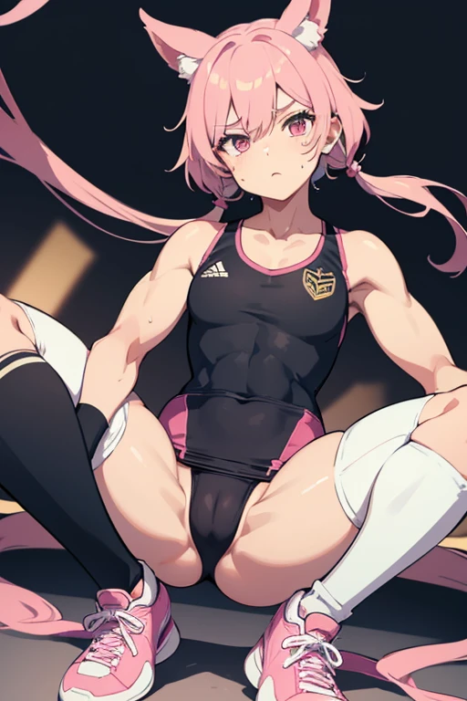 Determined and muscled Girl with prominent biceps, short cropped hair wearing a Black & Gold Soccer uniform, wearing knee pads with sweat socks and sneakers on the soccer Field staring at a Soft and effeminate boy wearing a Pastel pink leotard showing his bulge with pink tights and pink ballet slippers, his long hair in pigtails with pink ribbons and his face Totally made up. Full Body Shot