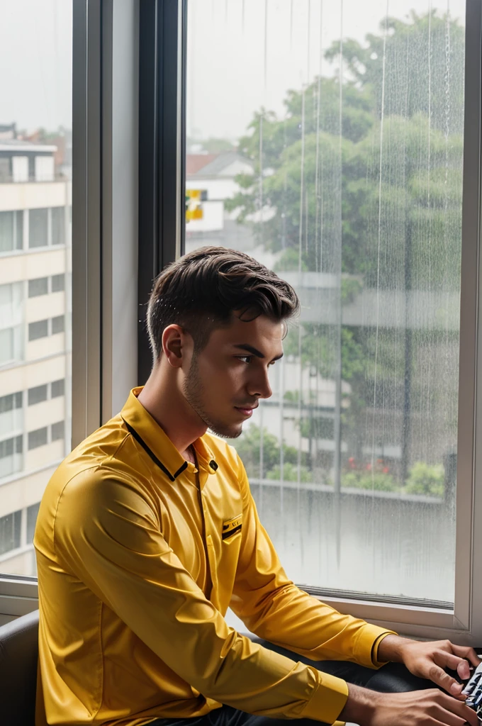 Young man working from home in DHL watching rain from his window 