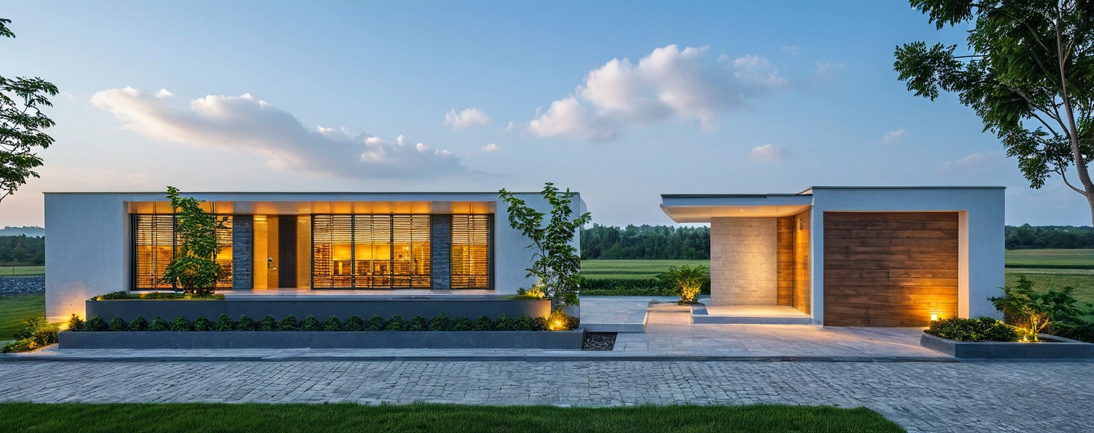 The modern gate features a sleek and minimalist design, sky, cloud, (daylight:1.1)