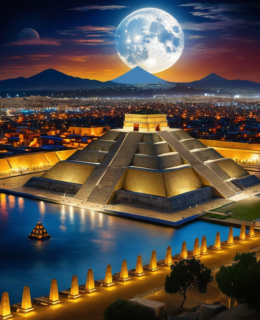 panoramic view of the city of Tenochtitlan with the Pyramid of the Sun in the background, invaded by ghosts and specters, night with a full moon.
