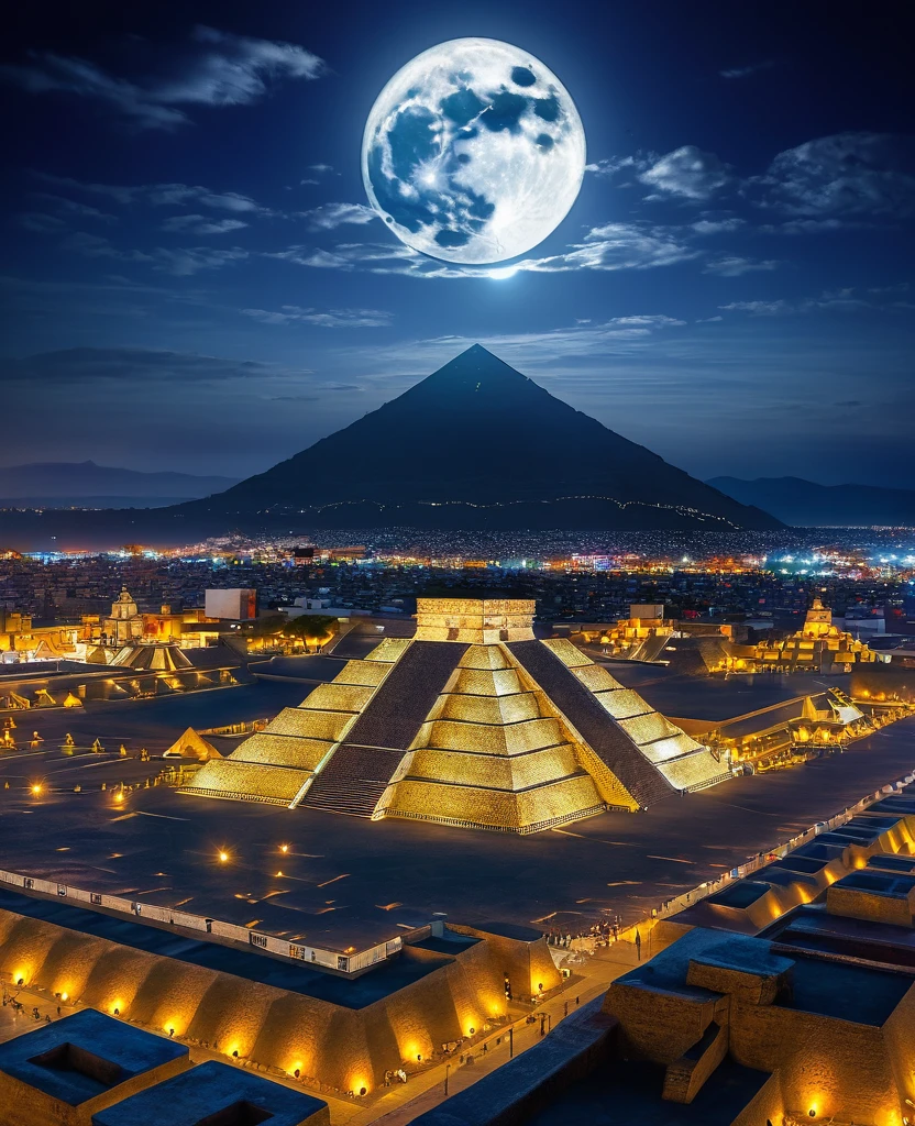 panoramic view of the city of Tenochtitlan with the Pyramid of the Sun in the background, invaded by ghosts and specters, night with a full moon.