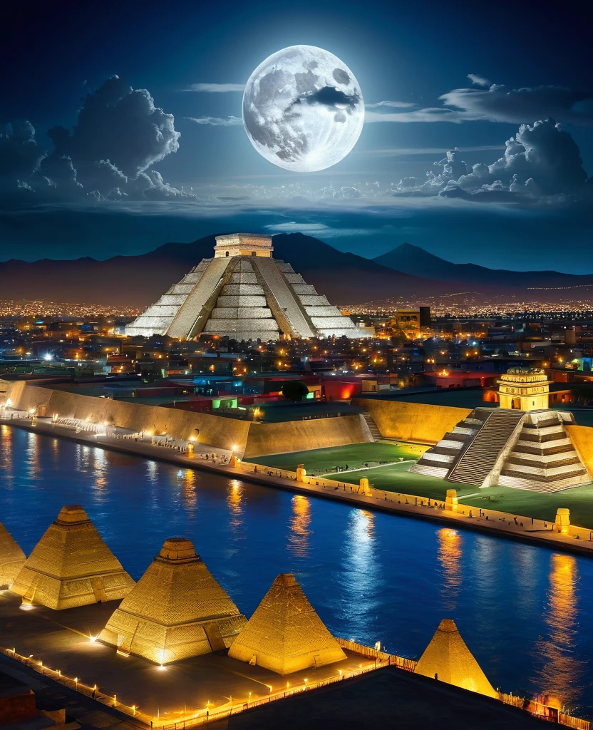 panoramic view of the city of Tenochtitlan with the Pyramid of the Sun in the background, invaded by ghosts and specters, night with a full moon.