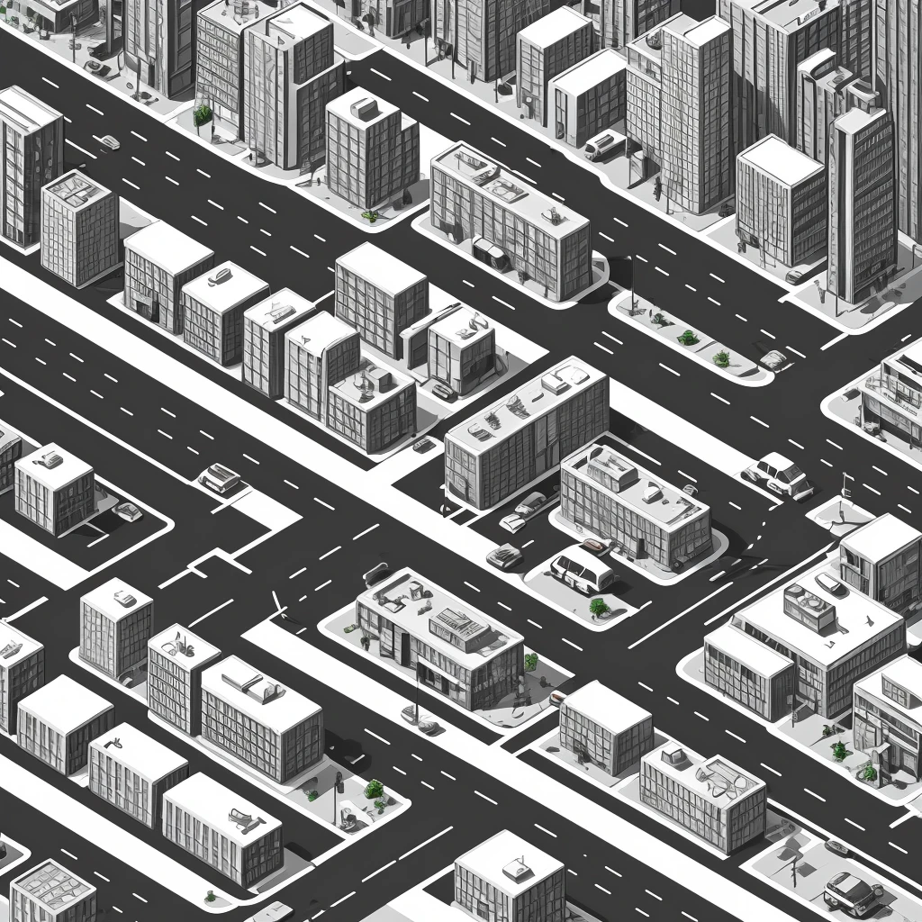 black and white line art of urban city with roads and wide sidewalk, short buildings, minimal detail, cartoon style, isometric, birdseye view