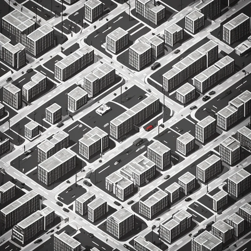 black and white line art of urban city with roads and wide sidewalk, short buildings, minimal detail, cartoon style, isometric, birdseye view
