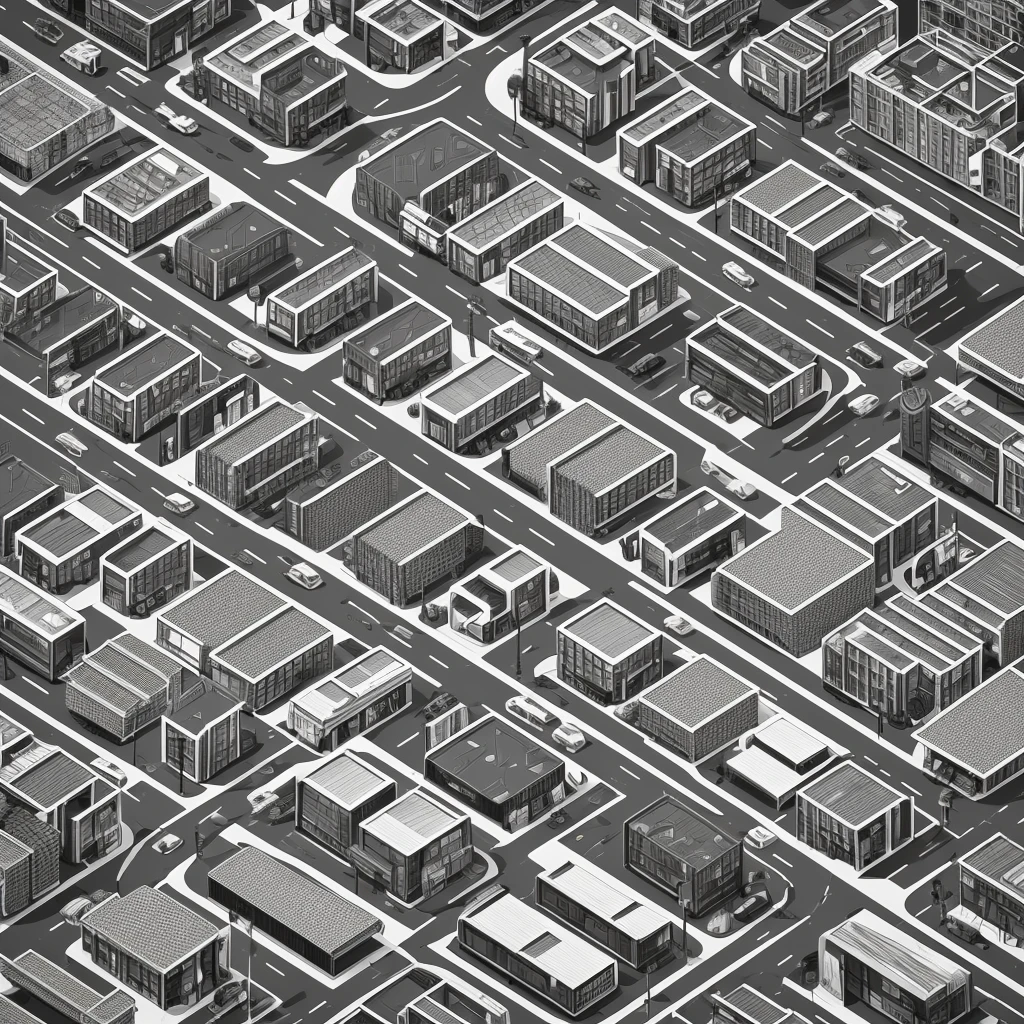 black and white line art of urban city with roads and wide sidewalk, short buildings, minimal detail, cartoon style, isometric, birdseye view
