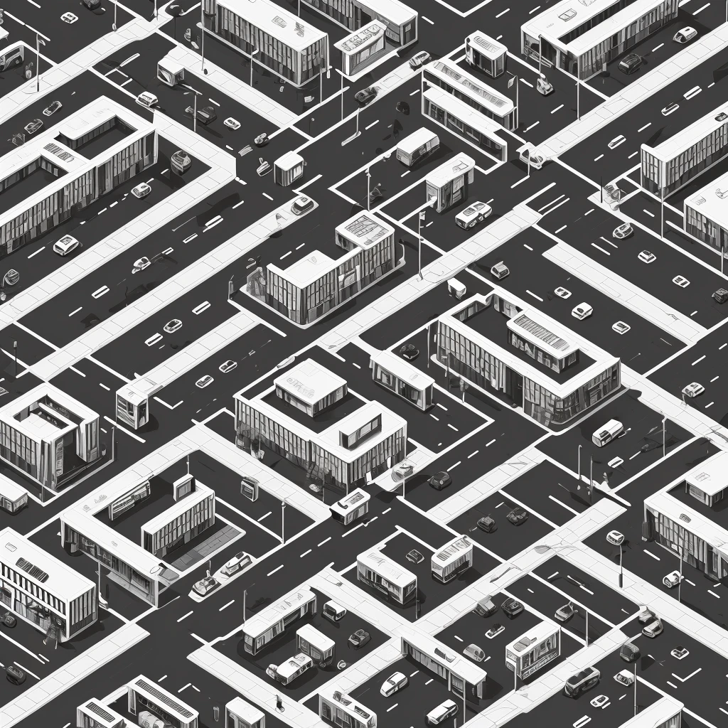 black and white line art of urban city with roads and wide sidewalk, short buildings, minimal detail, cartoon style, isometric, birdseye view