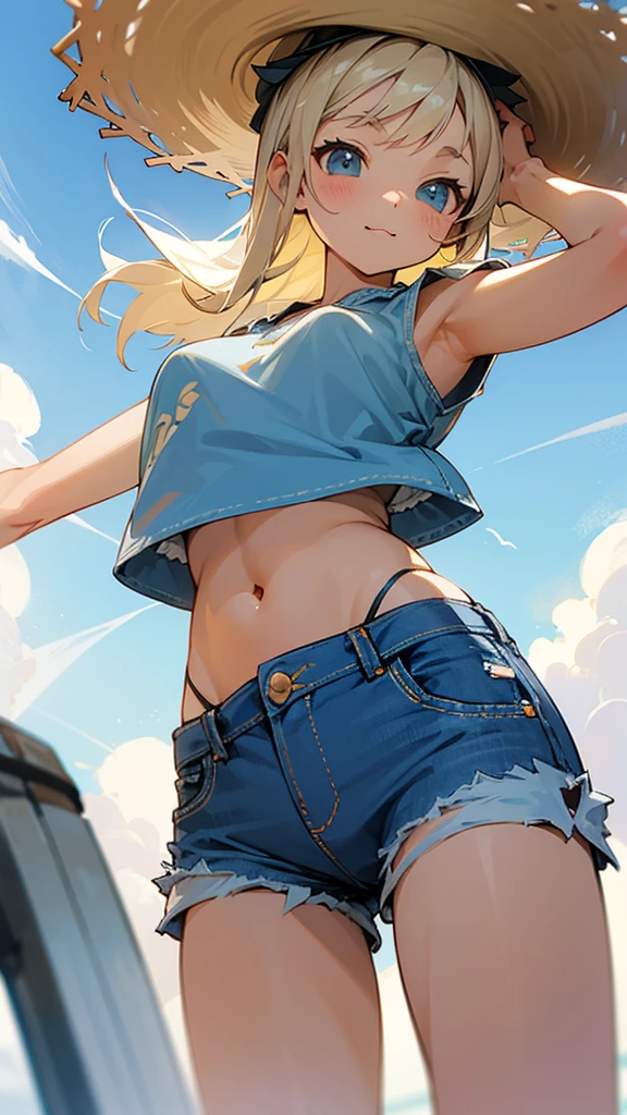 Wide coast、cumulonimbus、Denim shorts、White organic cut-and-sew top、belly button、Cute Jump、Angle from below、Big straw hat