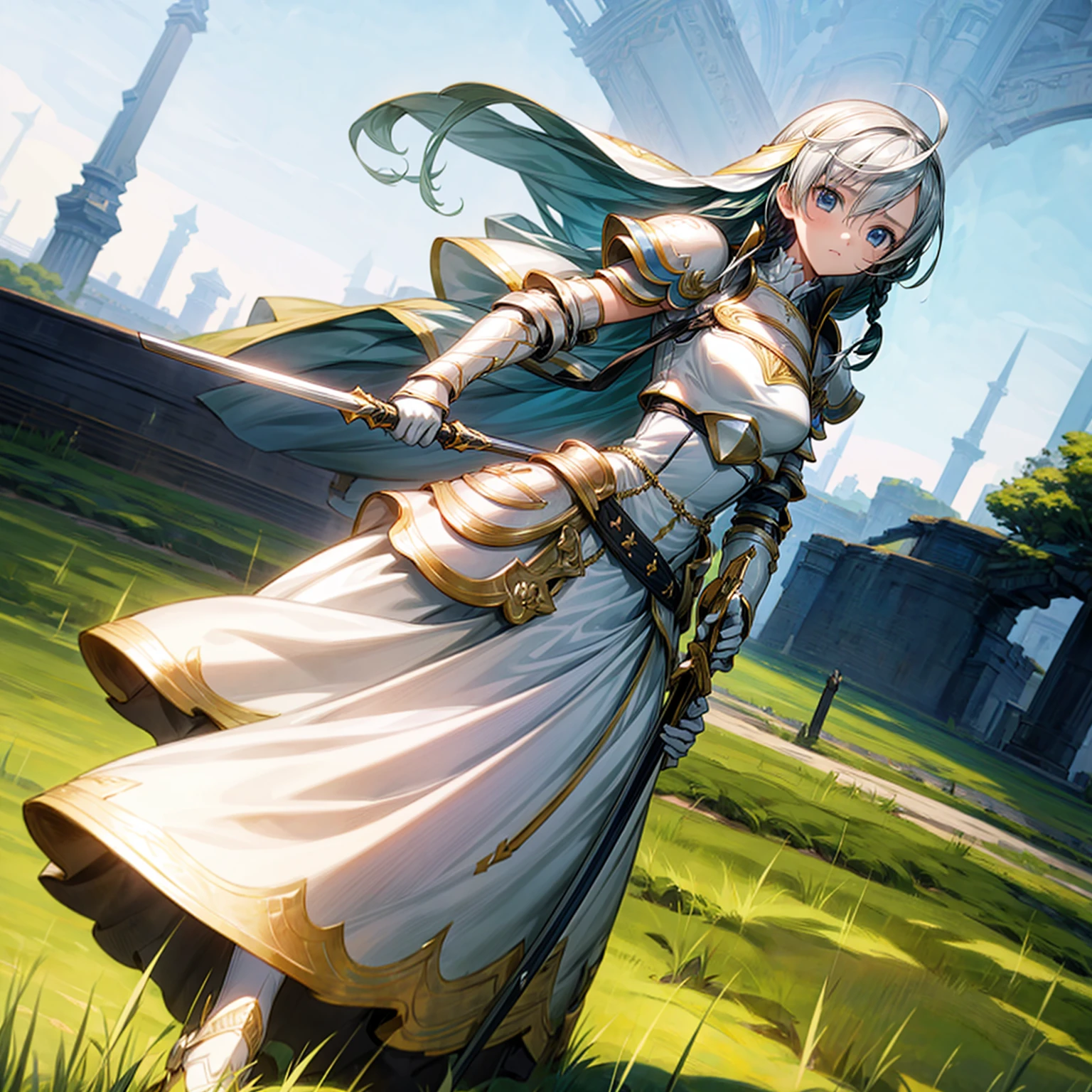 1girl, Full body version, 1character,  version, blue eyes color, long haircut, white and yellow colour hair, formal style clothing, medieval armour, one sword in hand, Grassroots, background in green field, motion blur