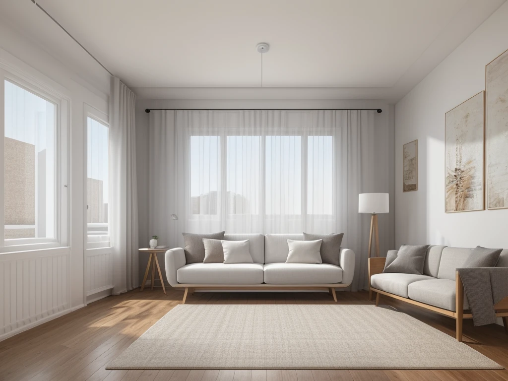 interior living room, modern styles, television shelf, modern fabric sofa, Ceiling Ligh, rug, two picture, wooden floor, white ceilingts, window, white curtain, natural lighting,
best quality, Masterpiece, Realistic, High quality, corona render, 3dsmax, vray,
