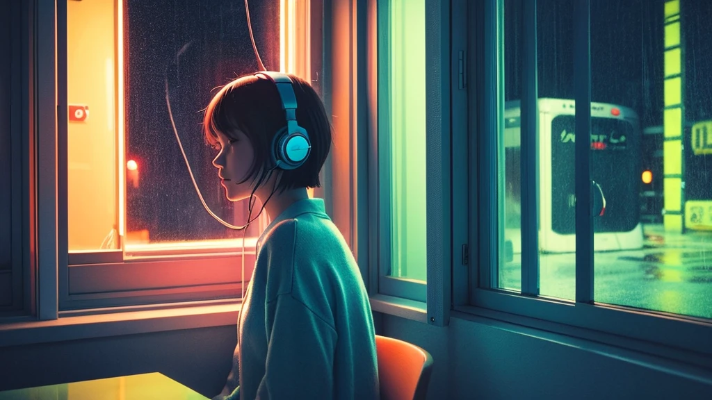 night、Short-haired girl listening to music in a cozy room, Use headphones, 2D Style Anime, Rain outside the window、Analog Color Theme、Ghibli style、neon、Lo-fi Girl