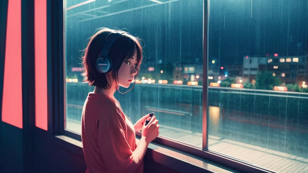 night、Short-haired girl listening to music in a cozy room, Use headphones, 2D Style Anime, Rain outside the window、Analog Color Theme、Ghibli style、neon、Lo-fi Girl