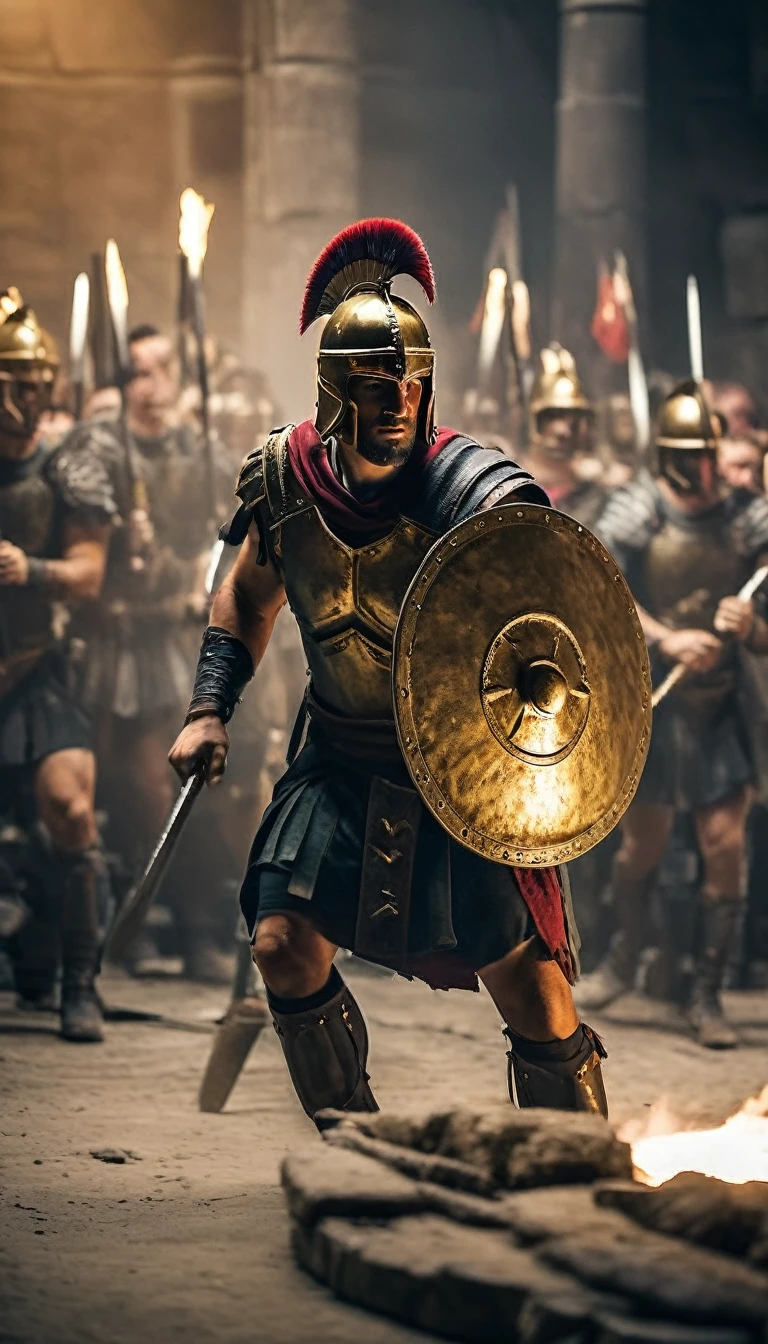 Show a Spartan warrior training rigorously with other soldiers in an ancient gymnasium, hyper realistic, ultra detailed hyper realistic, photorealistic, Studio Lighting, wearing a gold crown, reflections, dynamic pose, Cinematic, Color Grading, Photography, Shot on 50mm lens, Ultra-Wide Angle, Depth of Field, hyper-detailed, beautifully color, 8k