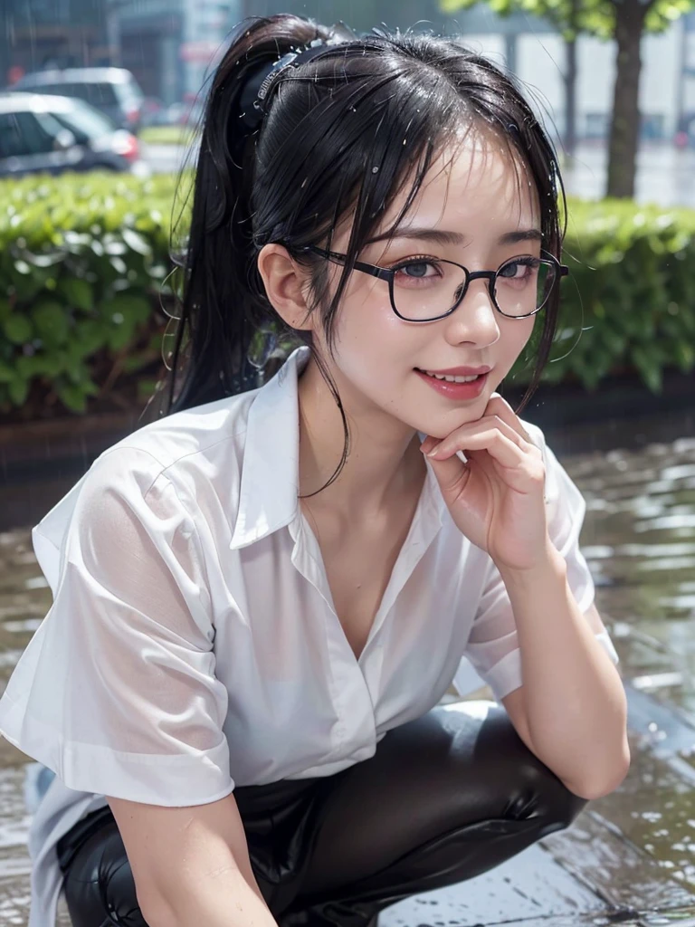 ((best quality, 8K, masterpiece: 1.3)),upper body,Thick black-rimmed glasses,Black Hair, black eye,sharp focus: 1.2, beautiful woman: 1.4, ((ponytail: 1.2)),(darkmagenta skirt、White blouse with lace), (wet from rain: 1.3), (rain, street: 1.2), wet body: 1.2, squatting,Highly detailed face and skin texture, detailed eyes, double eyelids, White skin,E cup,smile,Financial district of the big city,Skyscraper,White skin,Wet Hair、Wet Skin、Wet clothes、smile、 from front