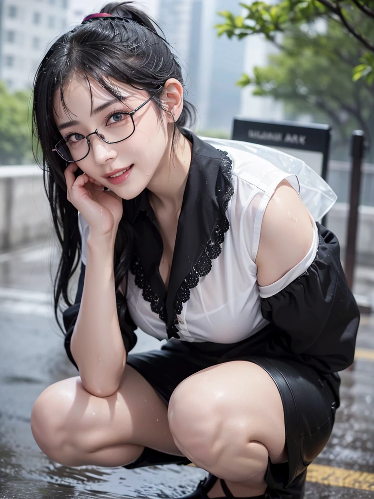 ((best quality, 8K, masterpiece: 1.3)),upper body,Thick black-rimmed glasses,Black Hair, black eye,sharp focus: 1.2, beautiful woman: 1.4, ((ponytail: 1.2)),(darkmagenta skirt、White blouse with lace), (wet from rain: 1.3), (rain, street: 1.2), wet body: 1.2, squatting,Highly detailed face and skin texture, detailed eyes, double eyelids, White skin,E cup,smile,Financial district of the big city,Skyscraper,White skin,Wet Hair、Wet Skin、Wet clothes、smile、 from front