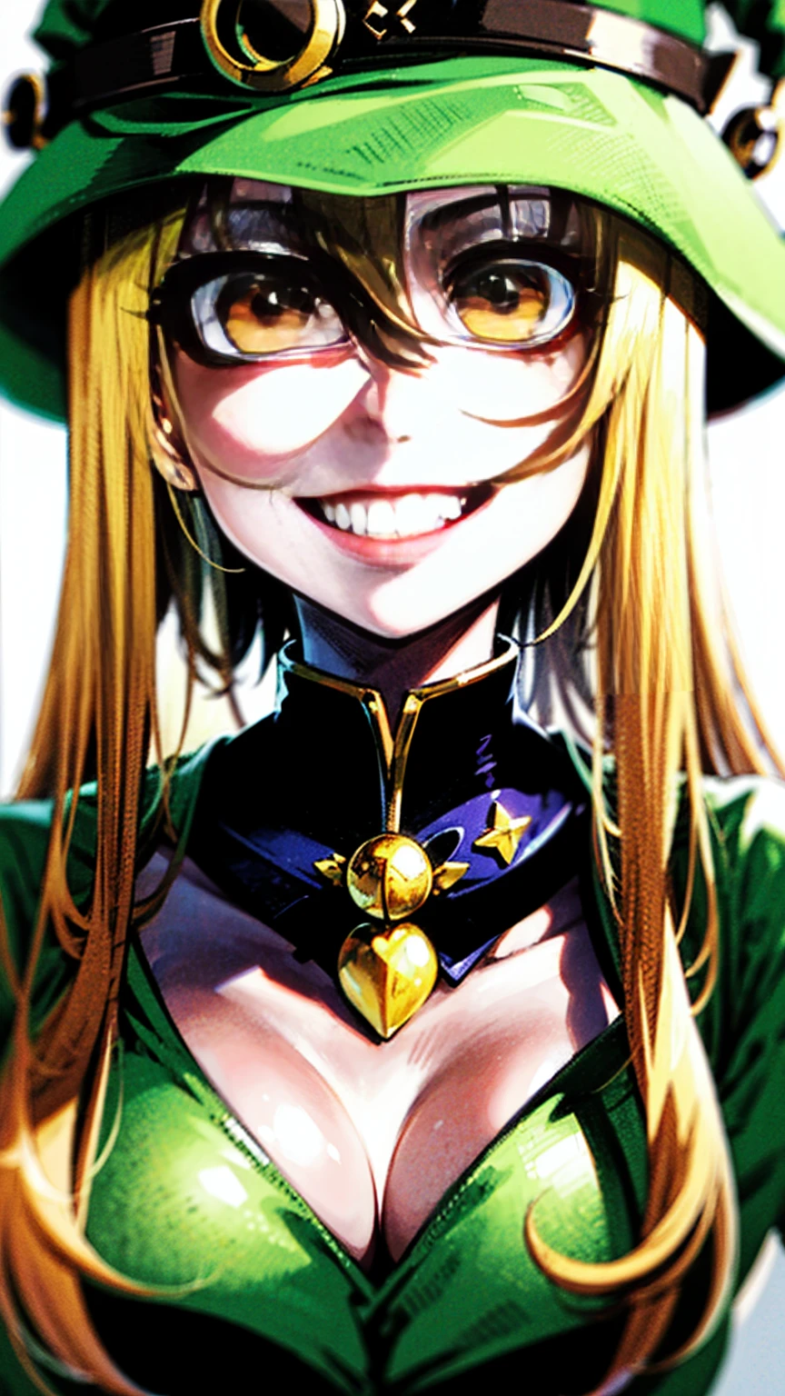 Anime girl in green witch hat and green witch outfit, Blonde,Cunning Smile, Close-up portrait of a magician