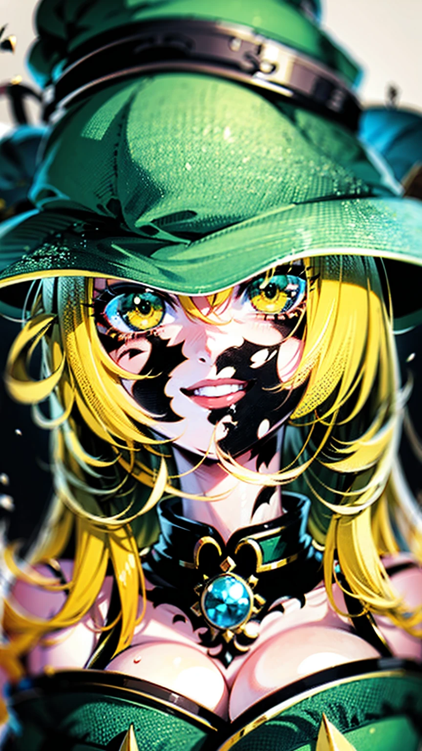 Anime girl in green witch hat and green witch outfit, Blonde,Cunning Smile, Close-up portrait of a magician