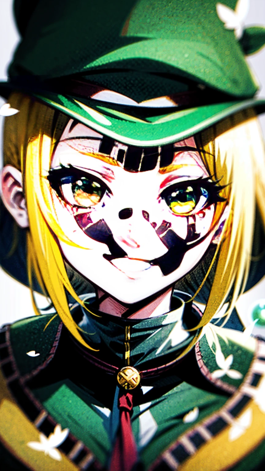 Anime girl in green witch hat and green witch outfit, Blonde,Cunning Smile, Close-up portrait of a magician