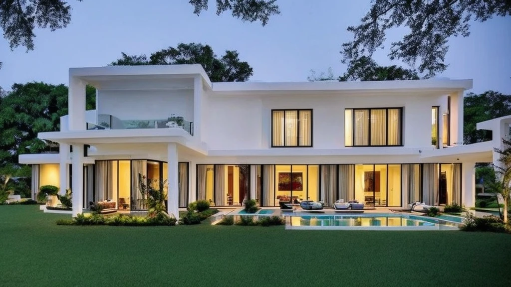 1 story white cement house,luxurious, long, Looks like the letter L, It looks like a room.,beautiful,on the green grass,Shady atmosphere,มีเมฆbeautifulชัดเจน