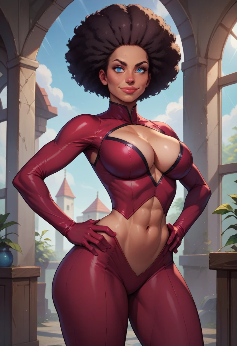1woman, cleavage, in an abandoned factory, hands holding own hips, smile, big breasts, wide hips, big ass, storm from x-men costume, Garnet,black afro,navel,standing,upper body, curvy,smile,standing, toned, big lips, blue eyes