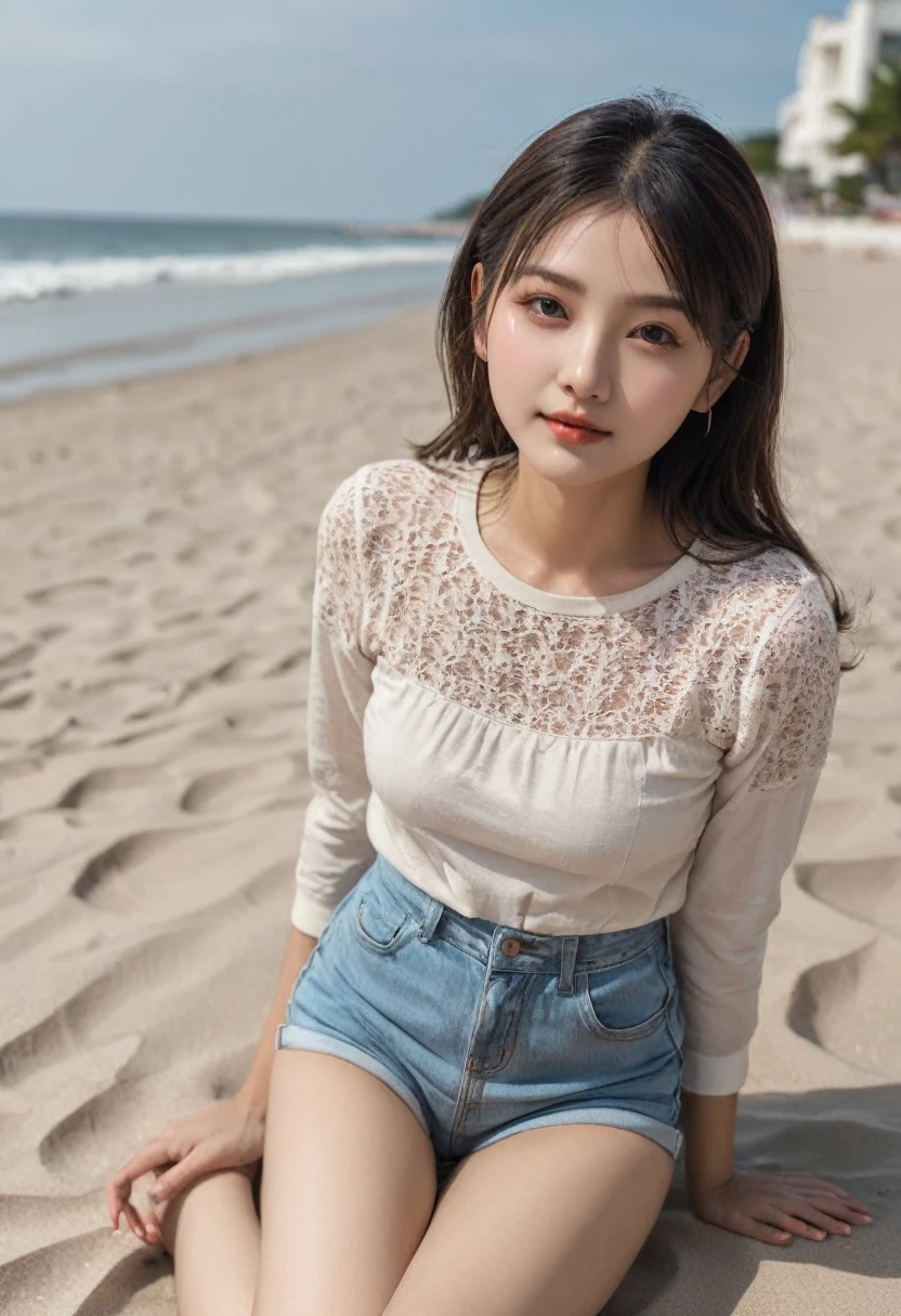 girl lies on the beach with her legs spread