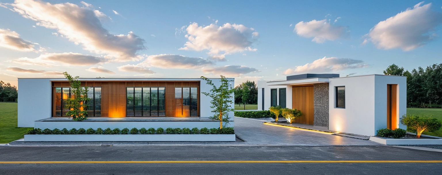 The modern gate features a sleek and minimalist design, sky, cloud, (daylight:1.1)