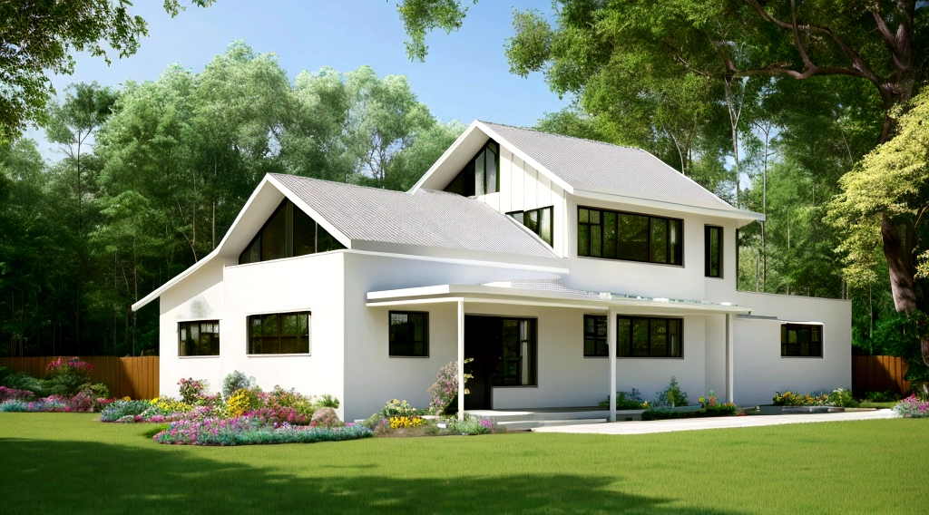 Exterior scene of a modern single-story house by the roadside, with pale yellow walls, glass windows and doors, simple yet elegant interior, surrounded by flowers and trees, blending harmoniously with nature, fresh air, natural light, hyper-realistic, high-quality image. photorealistic, 8K