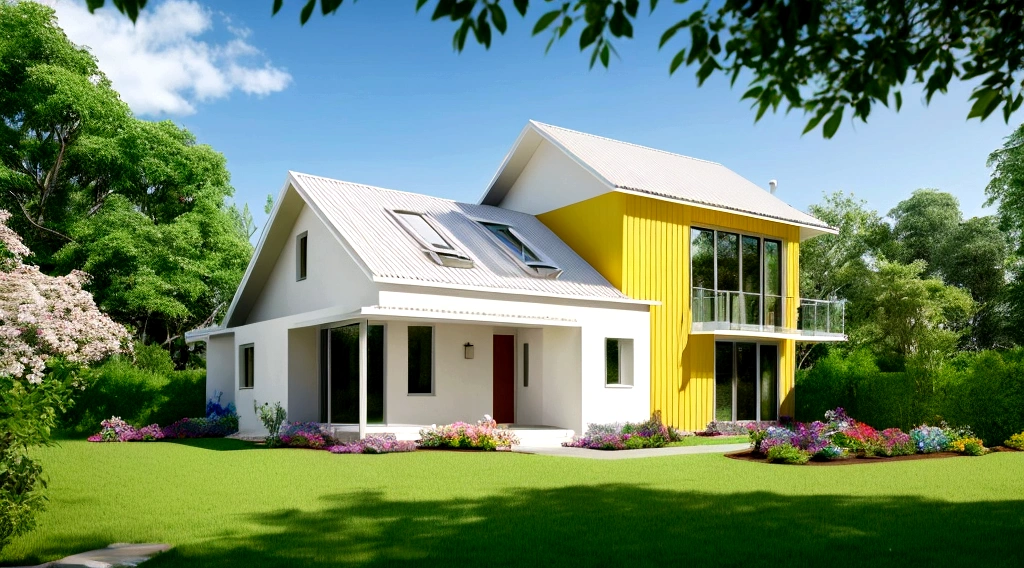 Exterior scene of a modern single-story house by the roadside, with pale yellow walls, glass windows and doors, simple yet elegant interior, surrounded by flowers and trees, blending harmoniously with nature, fresh air, natural light, hyper-realistic, high-quality image. photorealistic, 8K