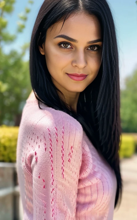 in a pink sweater,stands tall, Very detailed, 32 years old, innocent face, natural dark straight hair, A high resolution, masterpiece, Best quality, complex parts, very detailed, sharp focus, Detailed skin, realistic skin texture, texture, detailed eyes, professional, 4K, Charming smile, shot on Canon, 85 mm, shallow depth of field, Цвет Kodak Vision, Perfect body, extremely detailed, Photo_\(ultra\), photorealistic, realistic, Post-processing, Maximum detail, roughness, real life, ultra realistic, Photorealism, photo, 8k contract, photo