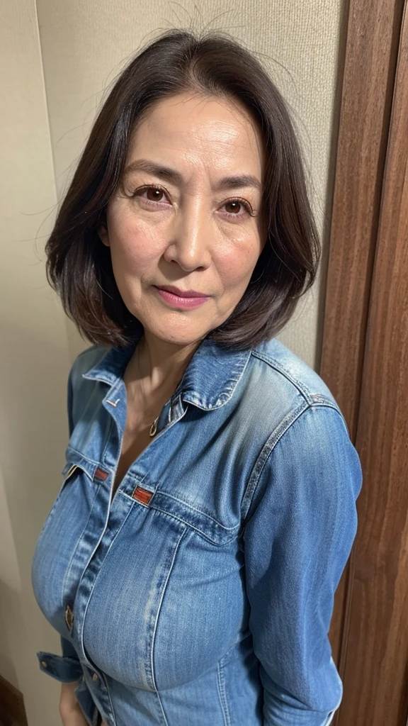 Sharpen, Background without shades of color, Portrait of a mature woman, ((up of face:1.3)), gravure, masutepiece, Best Quality, Ultra-detailed, Photorealistic, super detailed skin, Perfect Anatomy, (1 japanese mature woman), (Solo), 90 years old, Old age, Longhaire, ＴThe shirt, denim, Keep your mouth tightly closed, Large breasts, Mature Actress, glamor, A sexy, Chromo-white skin, Looking at Viewer,