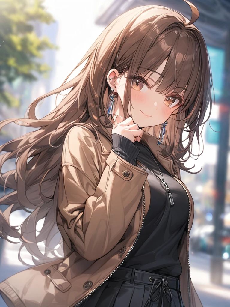 ((masterpiece, best quality)), very aesthetic, absurdres, One girl, Ahoge, bangs, black skirt, black sweater, Blurred, Blurred background, chest, Brown eyes, Brown Hair, brown Jacket, Mouth closed, Day, Depth of written boundary, Earrings, eyelash, Raise your hand, Tilt your head, Jacket, jewelry, Long Hair, Long sleeve, View Viewer, medium chest, Manicure, Open clothes, open Jacket, Outdoor, Pursed lips, Tucked in shirt, Side Lock, skirt, Sleeves are longer than the wrist, alone, sweater, Upper Body, zipper, smile,