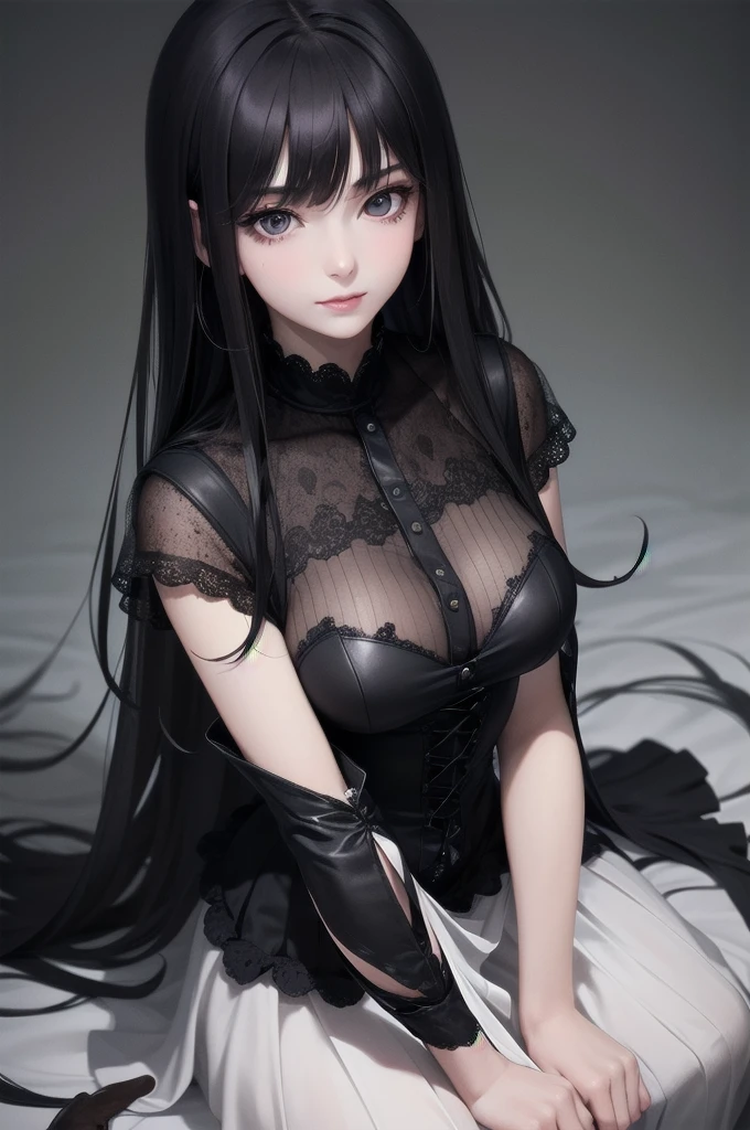 1 Girl, Mysterious look, Sharp Eye, long, flowing black hair, Gothic Costume, enigmatic smile, Pale complexion, Elegant Features BREAK Dramatic High Angle Shot, (Bird's Eye View:1.2), Symmetrical Configuration, Monochromatic, Deep Shadow, Subtle highlights, Spooky atmosphere, Artistic Details BREAK Ancient Cathedral, Stained Glass Windows, Decorative pillars, Flickering Candle, Ethereal atmosphere, Secret Whispers, Timeless beauty, Absurd, High resolution, Individuality, masterpiece