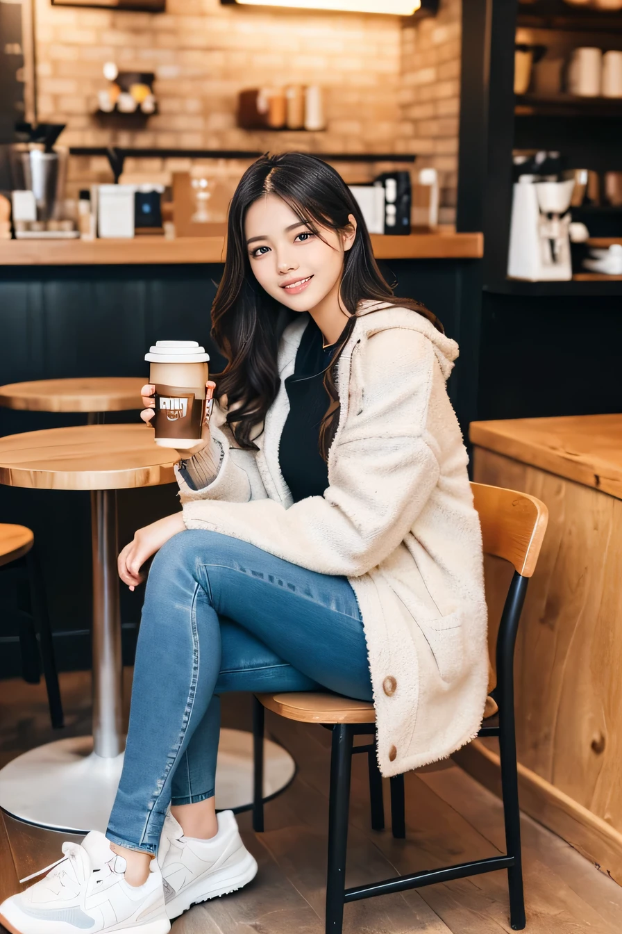 high quality,16K:1.1),(, Woman sitting on a chair in a coffee shop）（Full Body Shot:1.2),Black Hair、Wavy Hair、、ear piercing、smile、Beautiful teeth alignment、((coat、sweater、Skinny jeans、、sneakers)), ,(View your viewers:1.3),Coffee shop on background
