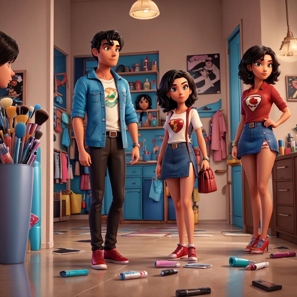 modern comic book style, scene with girlfriend and Mexican boyfriend with black hair superman build, waiting to go out looking at his time, exaggerated features, vibrant colors of toxic girlfriend that is getting ready to go out, putting on makeup and doing her nails, hairspray on floor, perfumes littered, contacts, big eyelashes, wearing a short miniskirt, red lipstick, looking at mirror, small purse