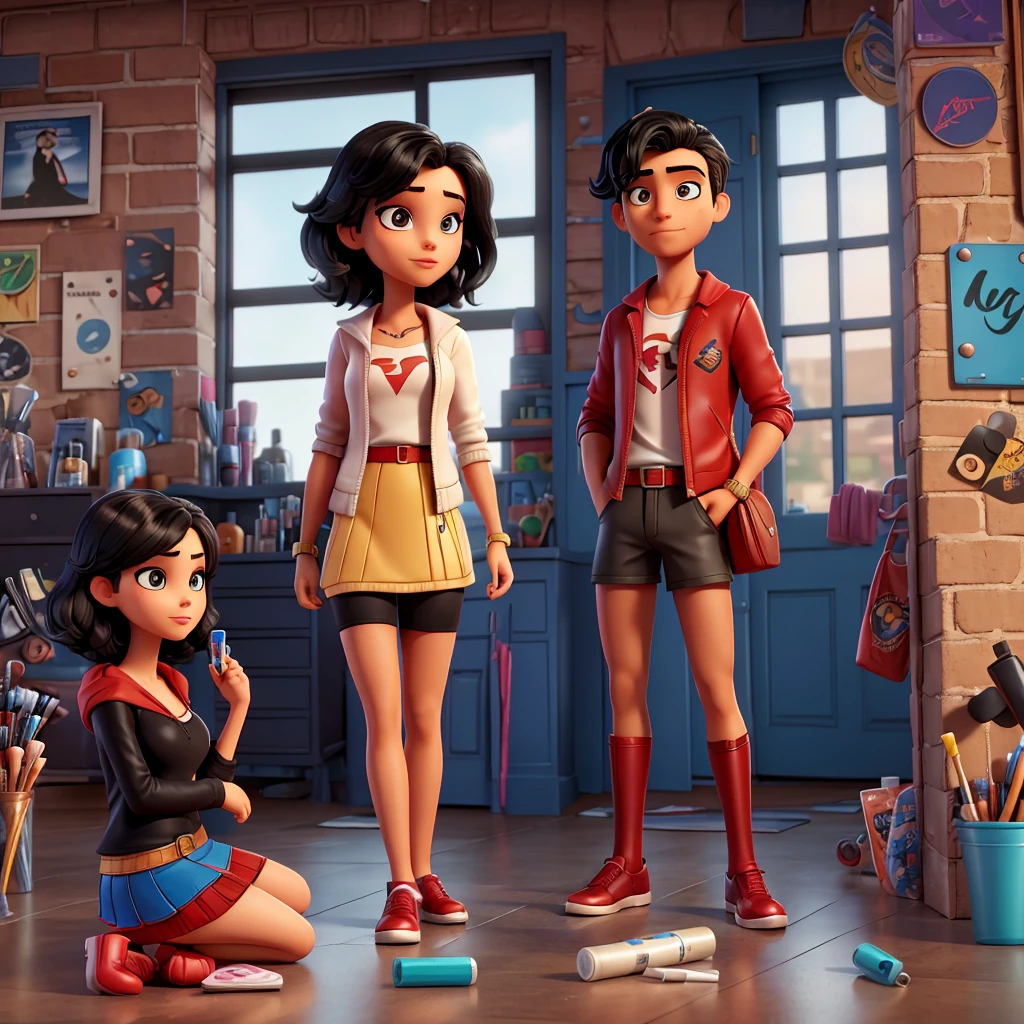 modern comic book style, scene with girlfriend and Mexican boyfriend with black hair superman build, waiting to go out looking at his time, exaggerated features, vibrant colors of toxic girlfriend that is getting ready to go out, putting on makeup and doing her nails, hairspray on floor, perfumes littered, contacts, big eyelashes, wearing a short miniskirt, red lipstick, looking at mirror, small purse