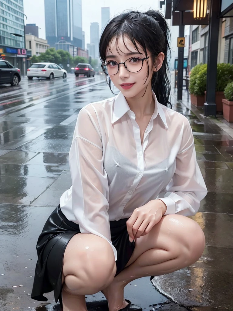 ((best quality, 8K, masterpiece: 1.3)),upper body,Thick black-rimmed glasses,Black Hair, black eye,sharp focus: 1.2, beautiful woman: 1.4, ((ponytail: 1.2)),(darkmagenta skirt、White blouse with lace), (wet from rain: 1.3), (rain, street: 1.2), wet body: 1.2, squatting,Highly detailed face and skin texture, detailed eyes, double eyelids, White skin,E cup,smile,Financial district of the big city,Skyscraper,White skin,Wet Hair、Wet Skin、Wet clothes、smile、 from front